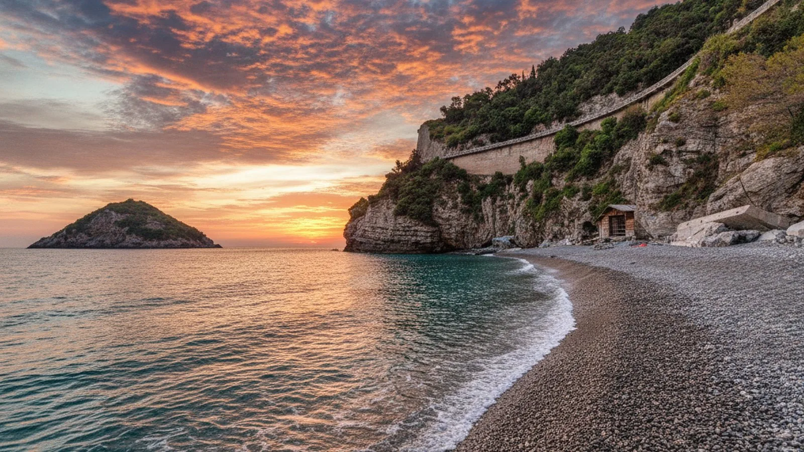 La spiaggia di Bergeggi al tramonto, con l'isola e la falesia sullo sfondo